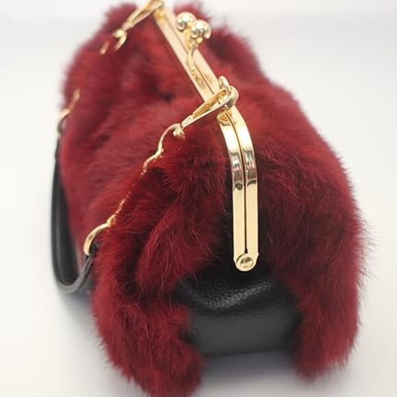 Neiman Marcus Red Rabbit Fur Multicolor Print Clutch Bag - Picture 4 of 5